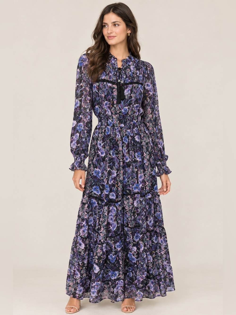 Black Maxi Dress with Purple Floral Print and Smocked Waist
